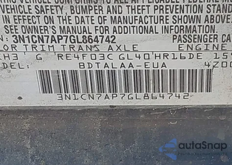 2016 Nissan Versa 1.6 S из США, поврежденный, VIN 3N1CN7AP7GL864742